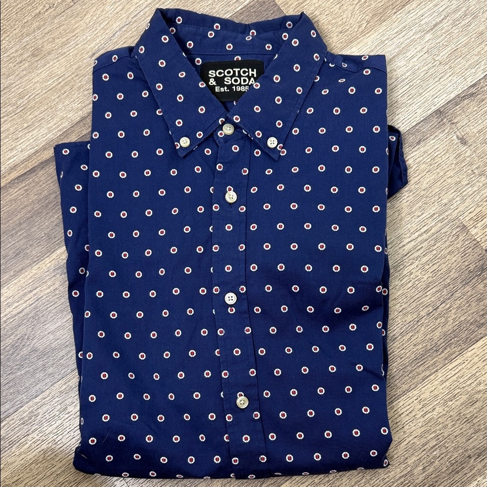 Scotch & Soda Men's Blue Shirt with White and Red Dots Size L